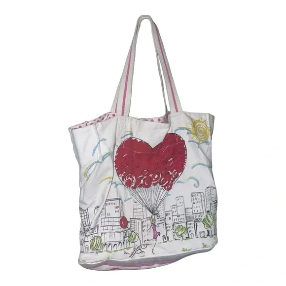 Brighton White Canvas Tote with Red Heart Graphic and Pink Accents - Picture 1 of 5